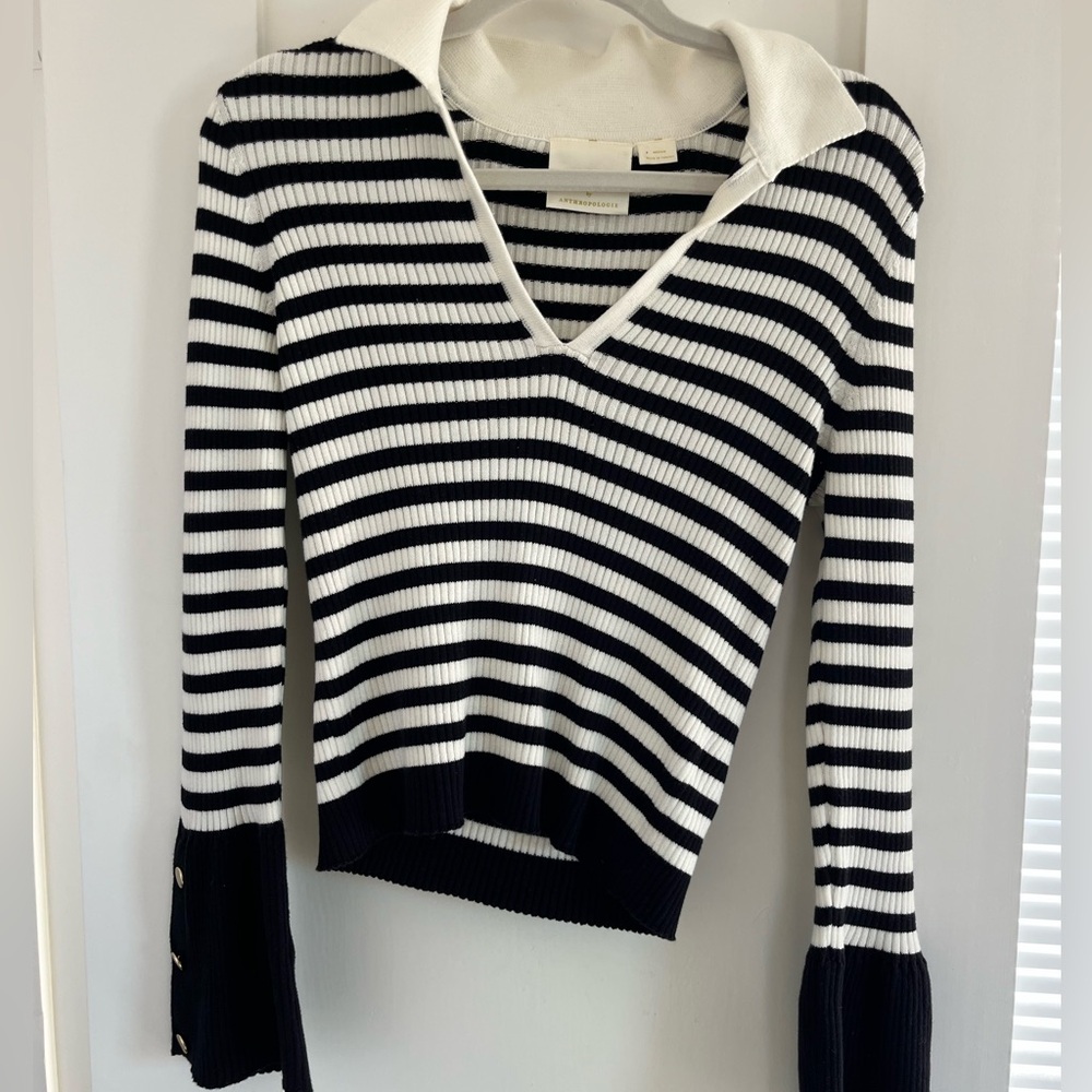 Anthropologie Black and White Striped Ribbed Polo Sweater - Picture 2 of 5